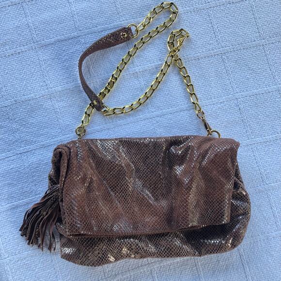 Cynthia Rowley Metallic Snake Skin Purse Fold Over Tassle Chain Western Boho - Picture 1 of 13